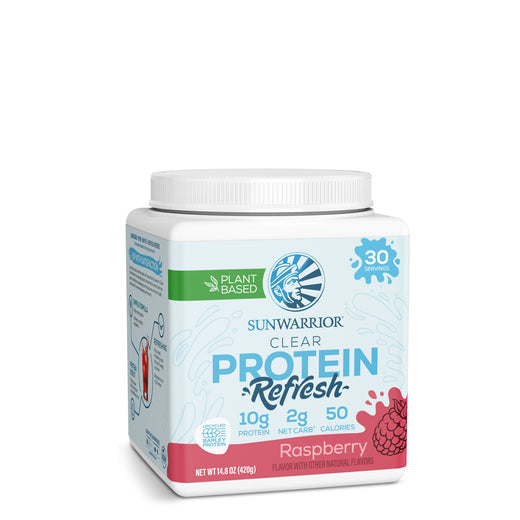 A bottle of Sunwarrior's CLEAR Protein Refresh Raspberry powder.