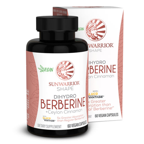 Black bottle and box of vegan dietary supplement capsules labeled dihydro berberine with Ceylon cinnamon by Sunwarrior Shape.