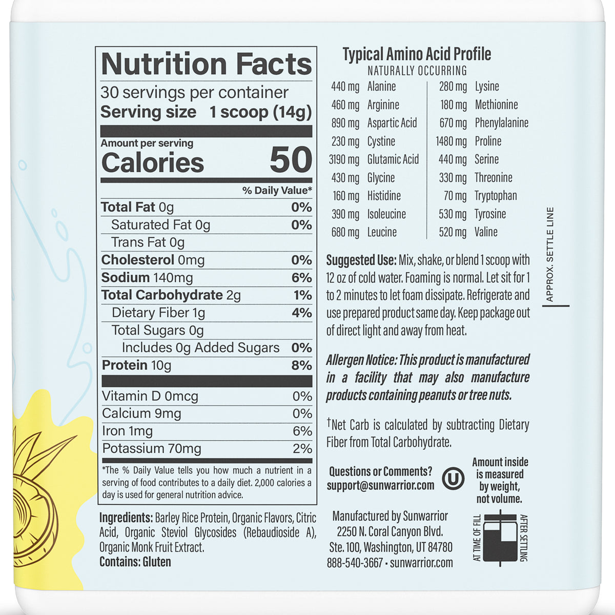 Ingredient list for Clear Protein Refresher Pineapple Coconut