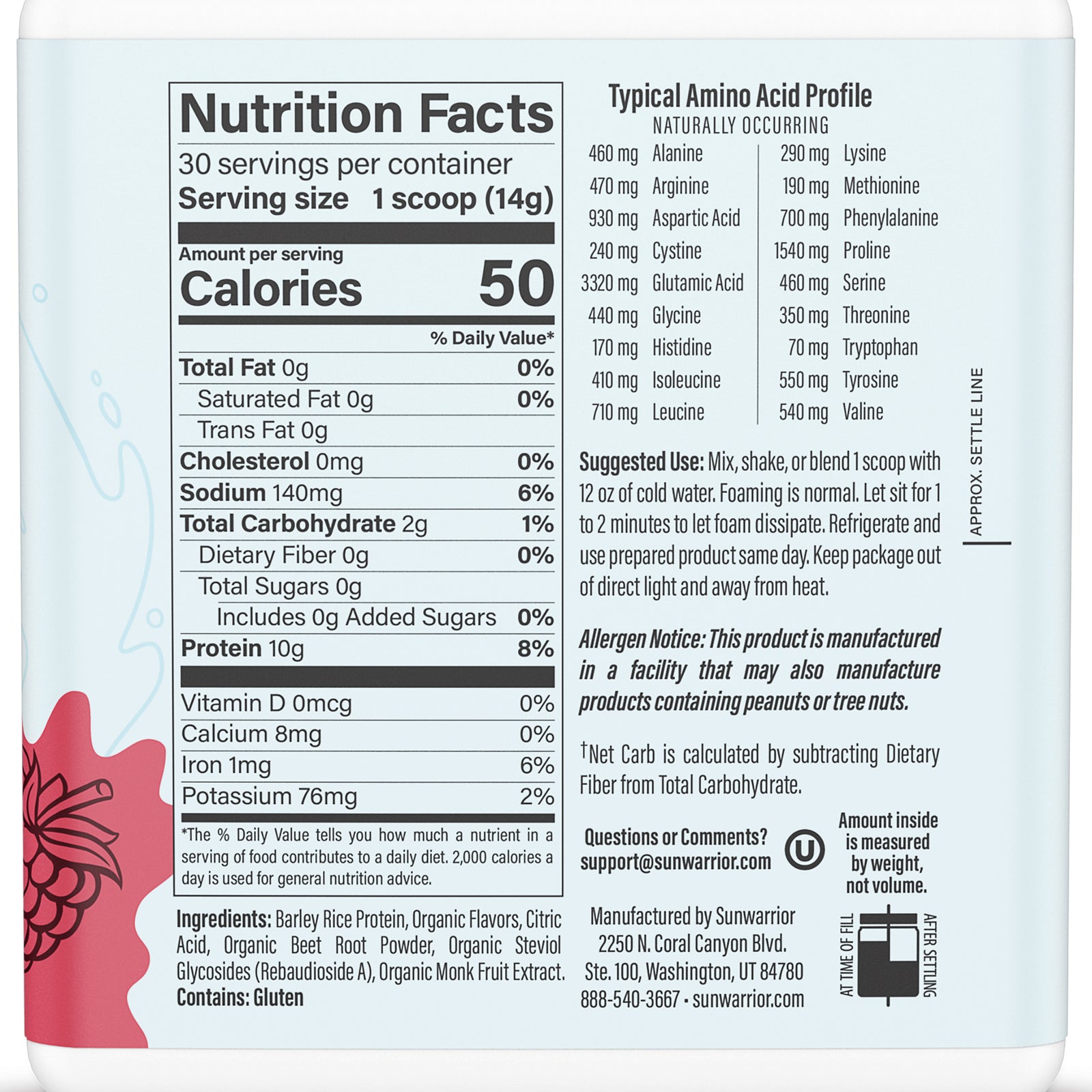 Ingredient list for Clear Protein Refresher Raspberry