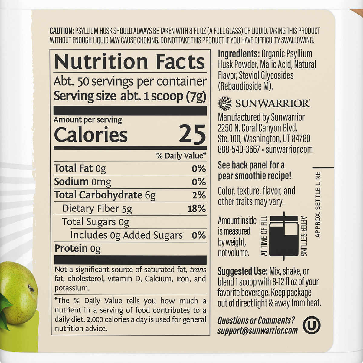 Close-up nutrition label for Sunwarrior Pear Psyllium Husk.