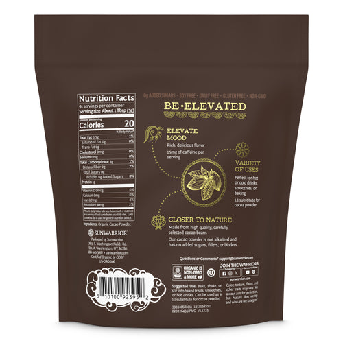 Back view of Sunwarrior Organic Cacao powder nutritional information.