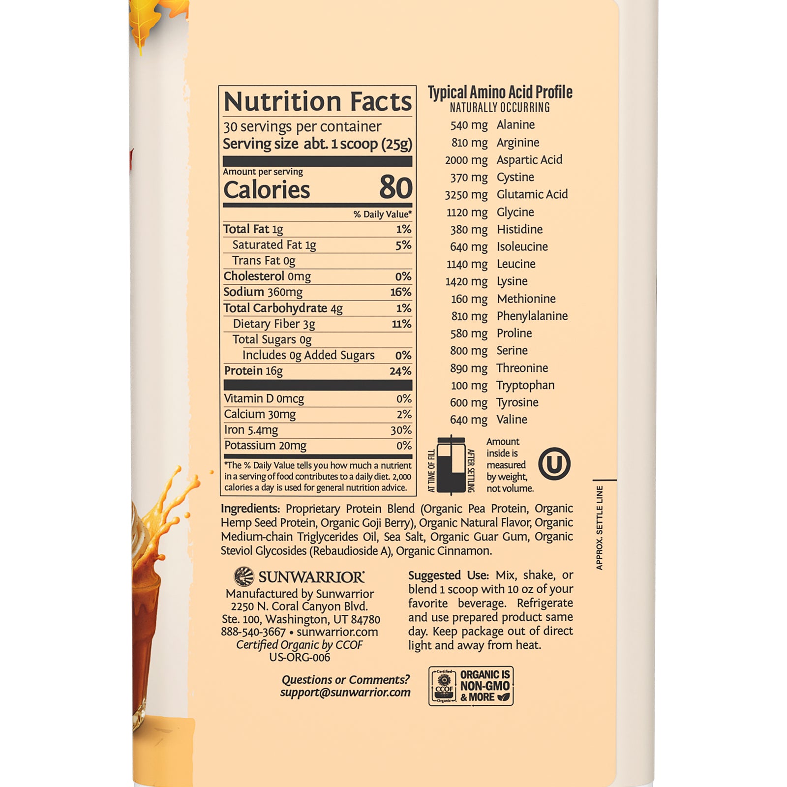 Ingredient list for Warrior Blend Protein Pumpkin Spice