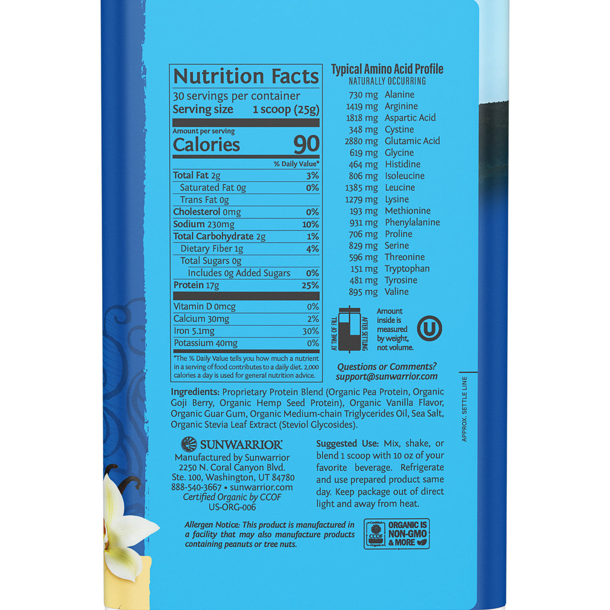 Ingredient list for Warrior Blend Organic Protein - Vanilla