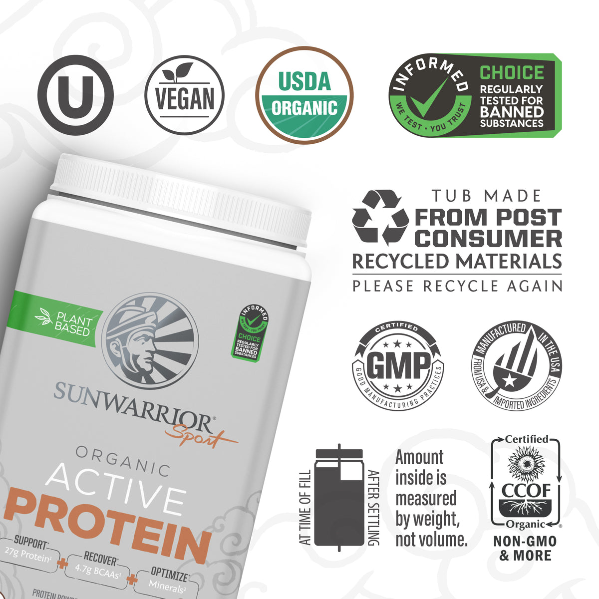 Container of Sunwarrior organic active protein with certifications and recycling icons on label