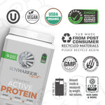 Container of Sunwarrior organic active protein with certifications and recycling icons on label