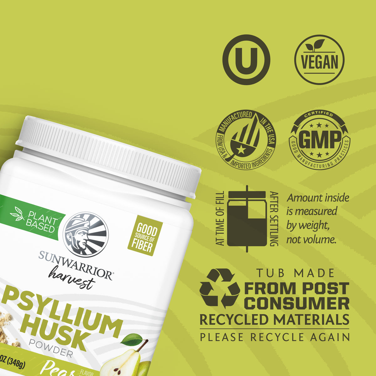 Sunwarrior Pear Flavored Psyllium Husk Powder container with certification logos on a green background