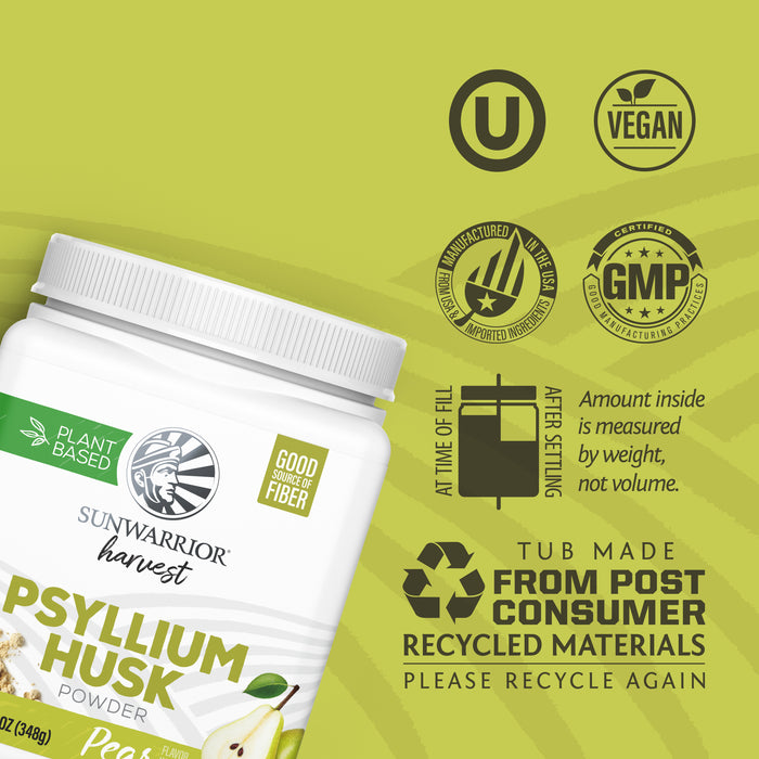 Sunwarrior Pear Flavored Psyllium Husk Powder container with certification logos on a green background