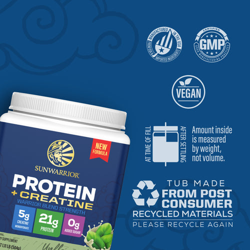 Container of vegan Sunwarrior plant-based protein plus creatine with sustainability and certification icons visible