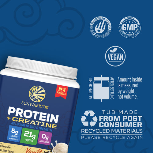 Container of Sunwarrior vegan protein powder with creatine and recycling, GMP, and quality icons on blue background
