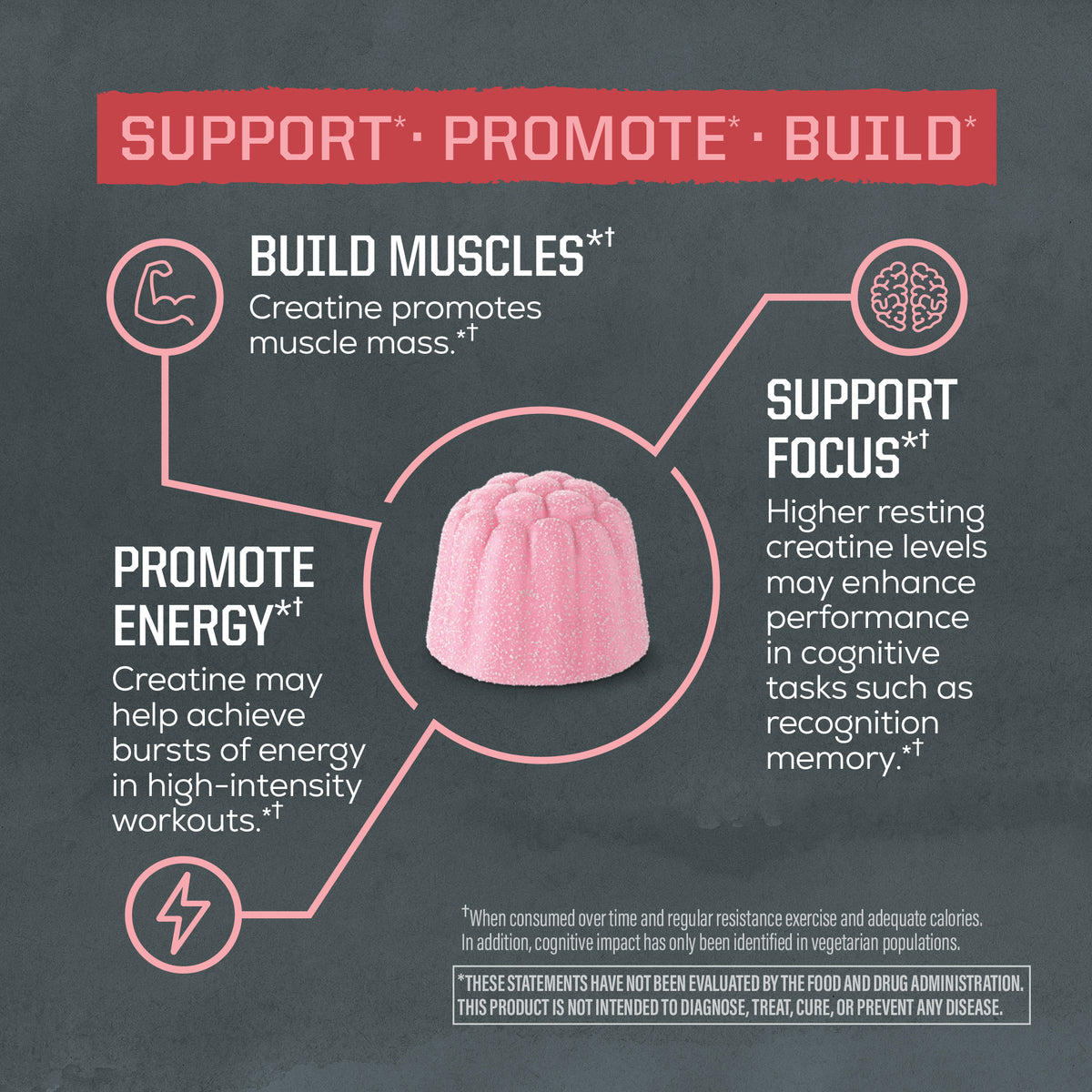 Pink gummy illustration with text highlighting muscle building, energy promotion, and cognitive focus benefits