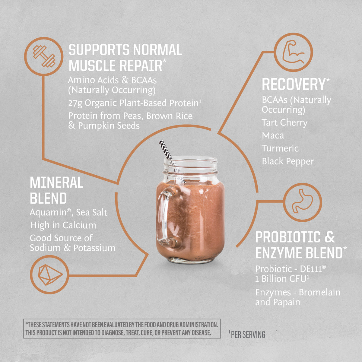 Chocolate protein smoothie in a jar with callouts detailing muscle repair, recovery, minerals, and probiotics benefits.