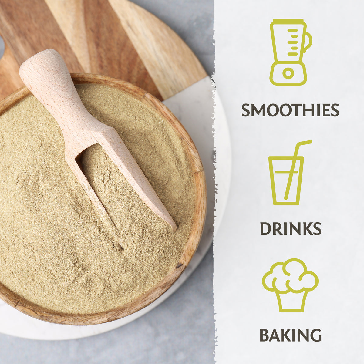 Wooden bowl filled with light brown psyllium husk powder and scoop beside icons for smoothies drinks and baking