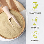Wooden bowl filled with light brown psyllium husk powder and scoop beside icons for smoothies drinks and baking