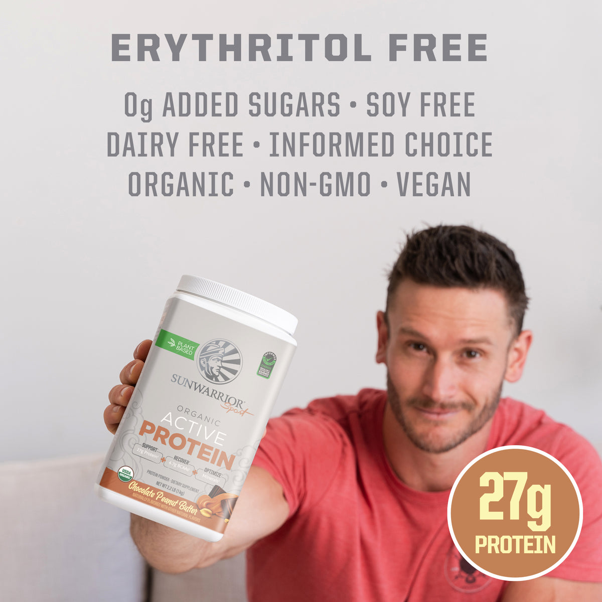 Man holding a container of chocolate plant-based protein powder with dietary benefits listed above.