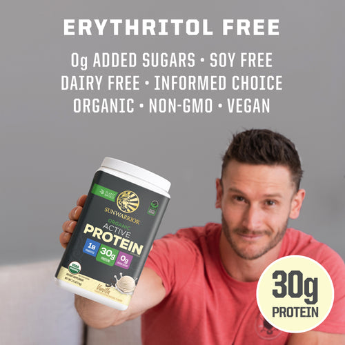 Man in red shirt holding a container of Sunwarrior Organic Active Protein with nutrition highlights above.