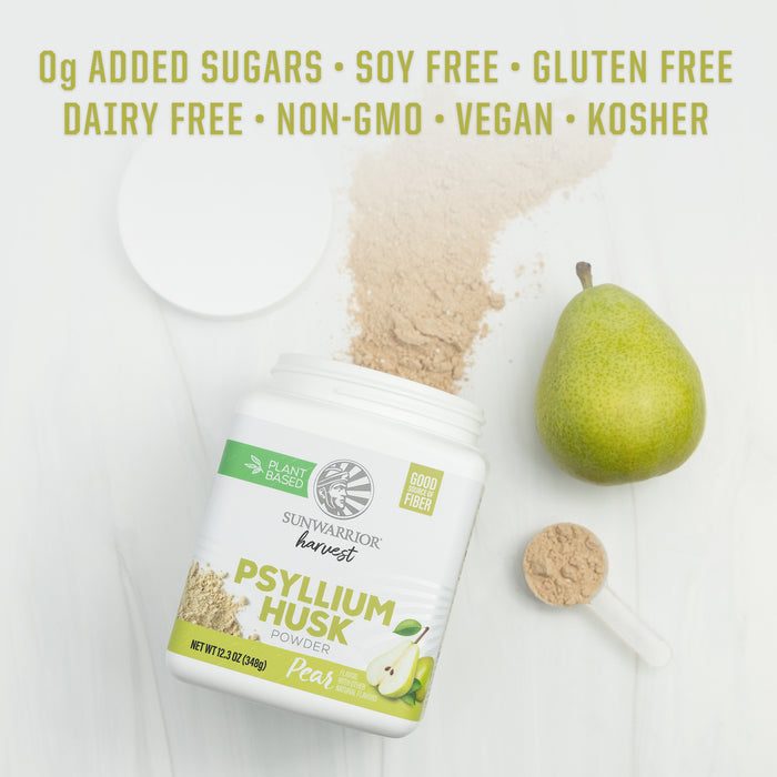 Container of Psyllium Husk Powder with a pear and spoon. Text above image states 
