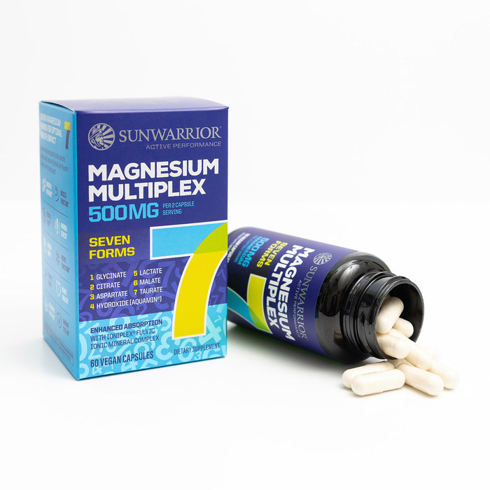 Sunwarrior Magnesium Multiplex supplement bottle and packaging on a white background