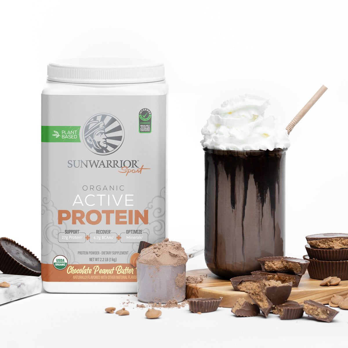Sunwarrior plant-based protein powder with chocolate peanut butter and a whipped drink with straw