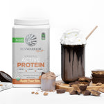 Sunwarrior plant-based protein powder with chocolate peanut butter and a whipped drink with straw