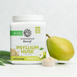 Sunwarrior Psyllium Husk Powder container with a pear and scoop of powder on a white background