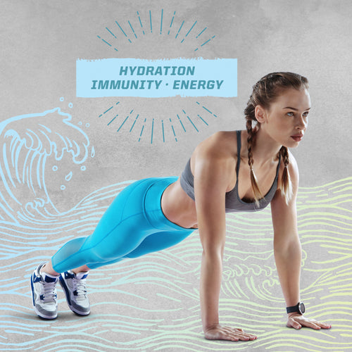 Woman in athletic wear holding a plank pose with hydration, immunity, and energy text above her