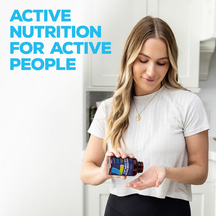 Woman holding a Magnesium Multiplex bottle with text 'Active Nutrition for Active People' on a white background