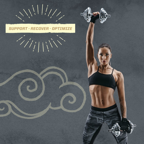 Fit woman in workout gear lifting dumbbells with "Support Recover Optimize" text on gray background.