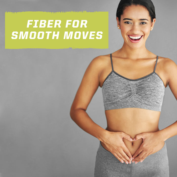 A smiling woman with her hands forming a heart shape on her stomach. A yellow-green text box in the upper left reads 'FIBER FOR SMOOTH MOVES'.