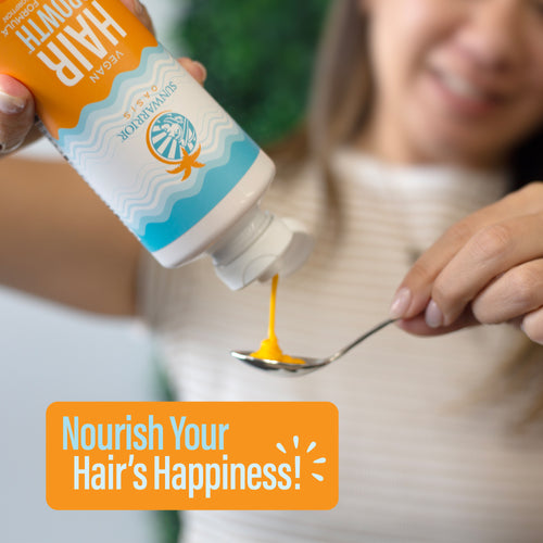 Person pouring thick yellow hair growth serum from a tube onto a spoon with "Nourish Your Hair's Happiness!" text.