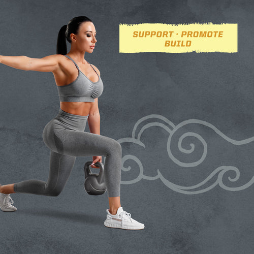 Fit woman in gray workout clothes holding a kettlebell while lunging against a gray background with text "Support · Promote · Build" and decorative swirls.