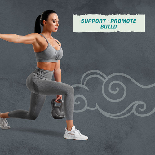 Woman in gray workout clothes holding kettlebell doing a lunge with fitness text above