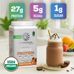 Container of organic plant-based protein beside a chocolate peanut butter shake with nutrition facts above