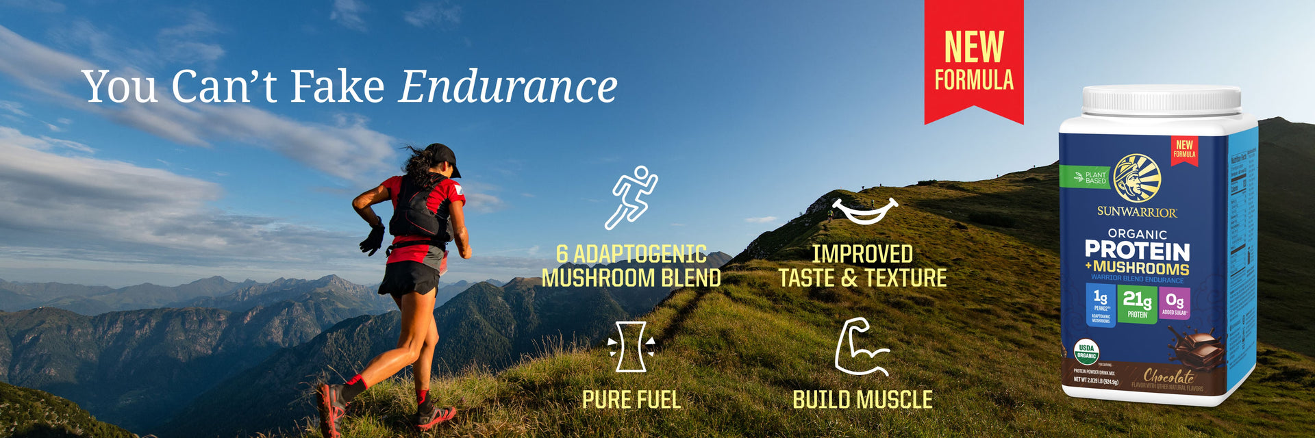 Organic Protein for Endurance with Adaptogenic Mushrooms - Warrior Blend Chocolate - Life style banner image desktop