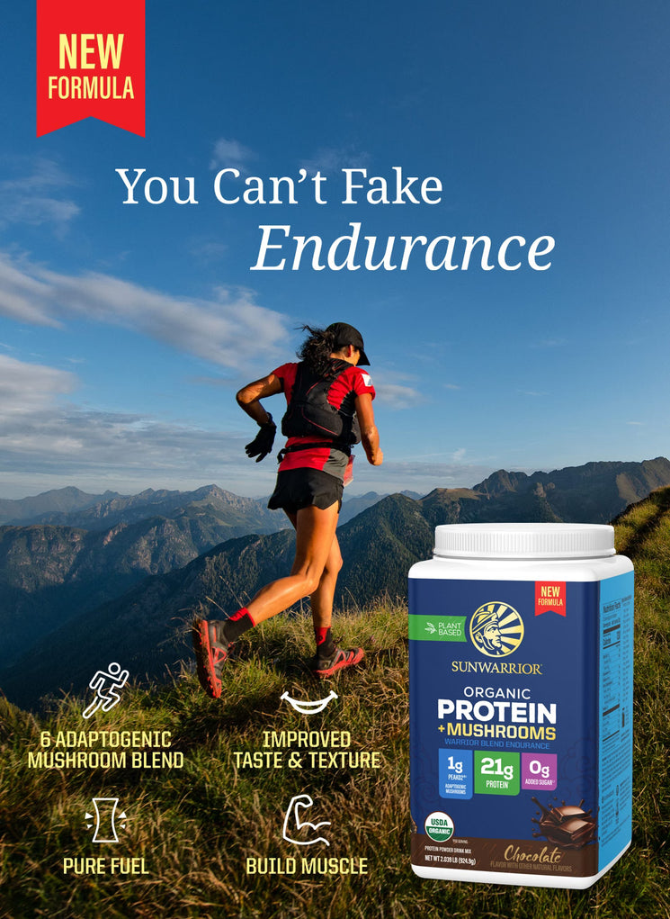 Organic Protein for Endurance with Adaptogenic Mushrooms - Warrior Blend Chocolate - Life style banner image mobile