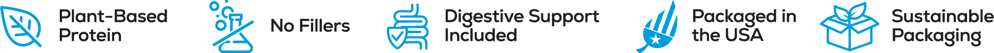 Product label with icons and text about plant-based protein, no fillers, digestive support, packaging location, and sustainability.