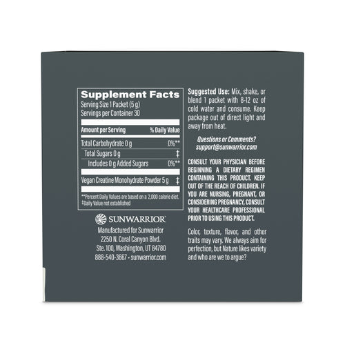 Supplement facts label showing vegan creatine monohydrate powder content, usage instructions, contact email, and health warnings on a dark background.
