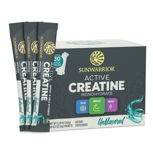 Box of Sunwarrior Active Creatine Monohydrate dietary supplement with 30 unflavored stick packs shown alongside the box, featuring icons for focus, muscle, and energy benefits.