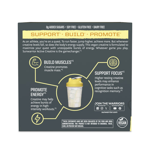 Sunwarrior Active Creatine supplement packaging with text and graphics on a dark background