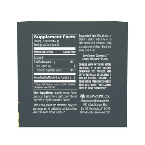 Supplement facts label for Active Creatine Lemonade on a dark gray background