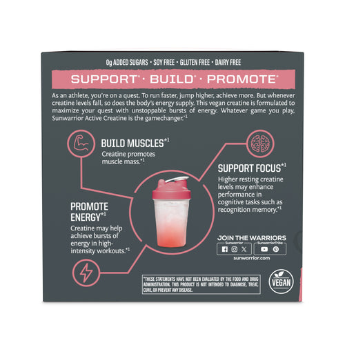 Sunwarrior Active Creatine Monohydrate packaging with text and graphics on a white background