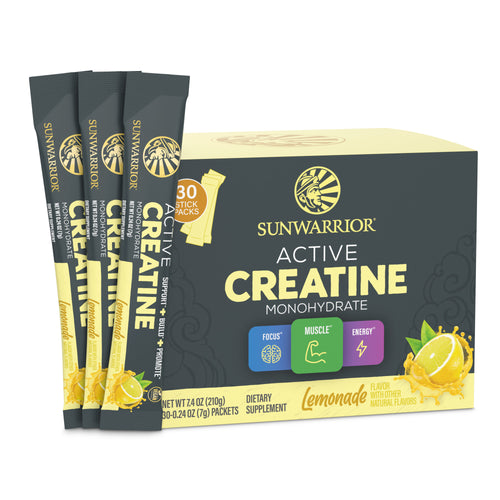 Sunwarrior Active Creatine Monohydrate supplement packaging with lemonade flavor on a white background