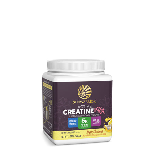 Container of Sunwarrior Active Creatine for Her dietary supplement in Yuzu Coconut flavor with purple label.