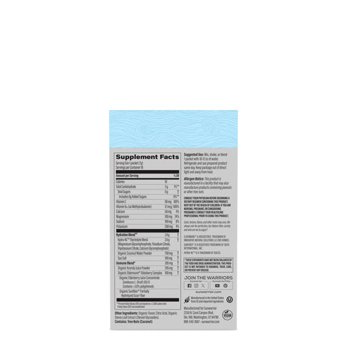 Supplement facts panel and product details for a plant-based protein powder hydration formula.