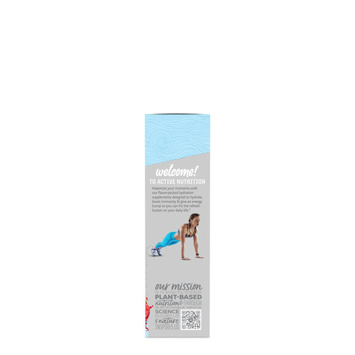 Side panel of active nutrition packaging featuring a woman exercising and plant-based wellness text.
