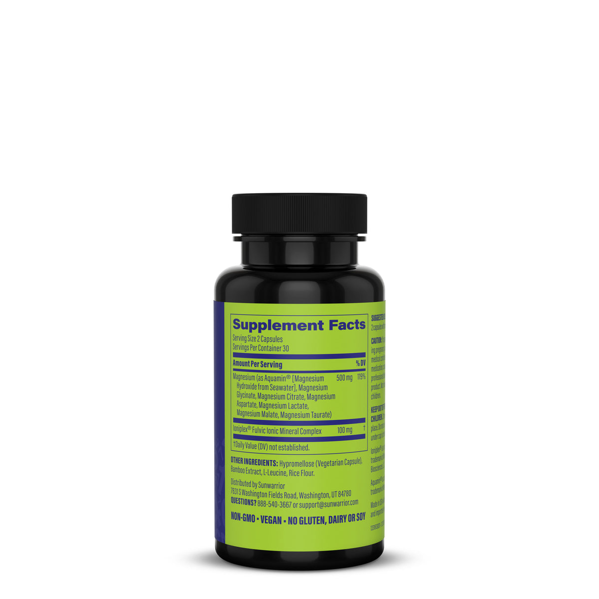 Magnesium Multiplex bottle with green label on a white background
