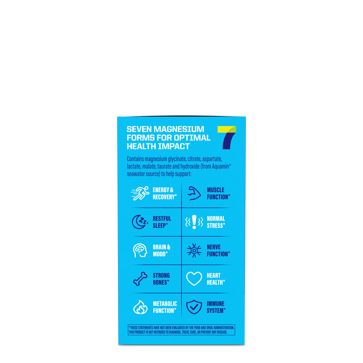 Blue supplement package with text and icons on a white background