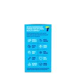 Blue supplement package with text and icons on a white background