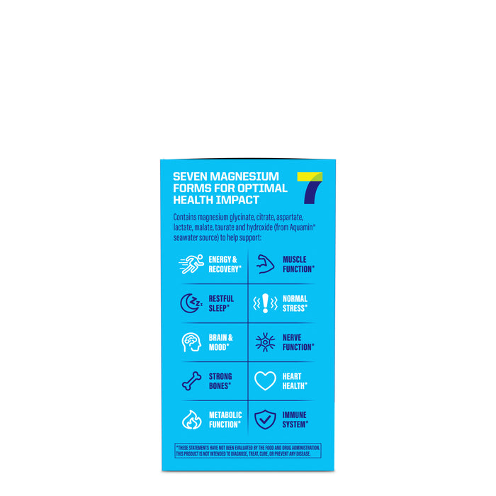 Blue supplement package with text and icons on a white background