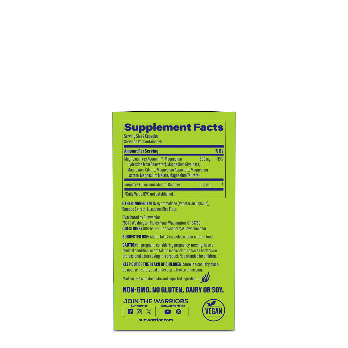 Supplement facts label USA Active Performance Magnesium Multiplex 60ct on a green background